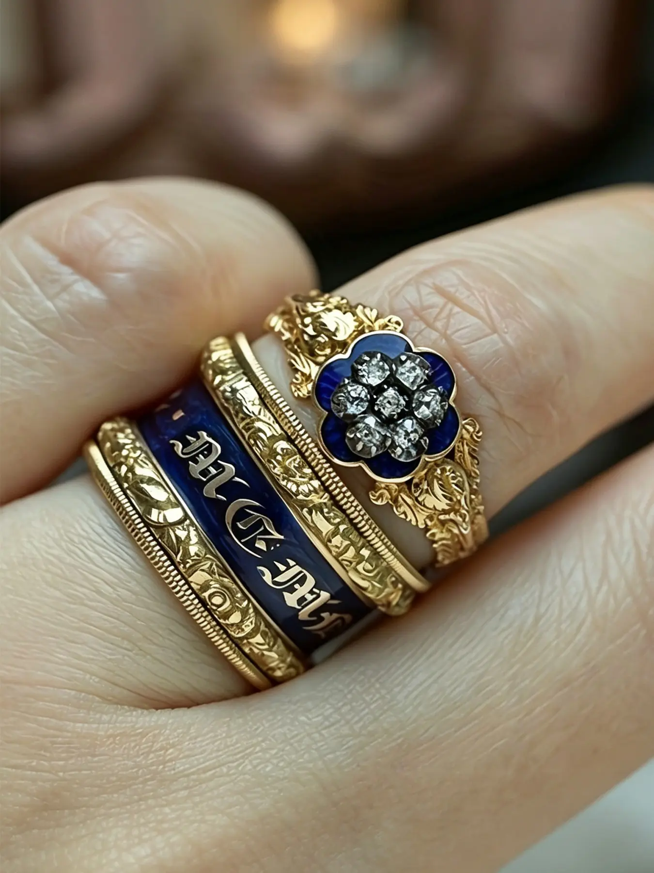 2Pcs Vintage Blue Enamel Stackable Ring Set, Floral Zircon Inlaid & Gothic Letter Embossed Layering Finger Rings, Retro Victorian Fashion Jewelry for Women