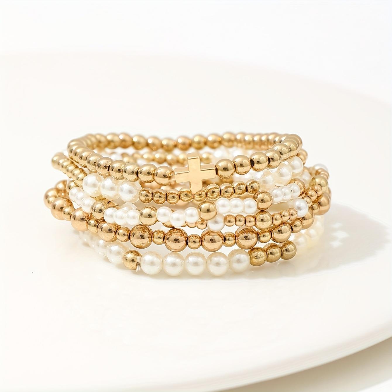 6PCS Elegant Women Imitation Pearl Handmade Bead Bracelet Set Bohemian Elastic CCB Golden Beads Multi-layer Bracelet Vintage Cross Stackable Chain Set