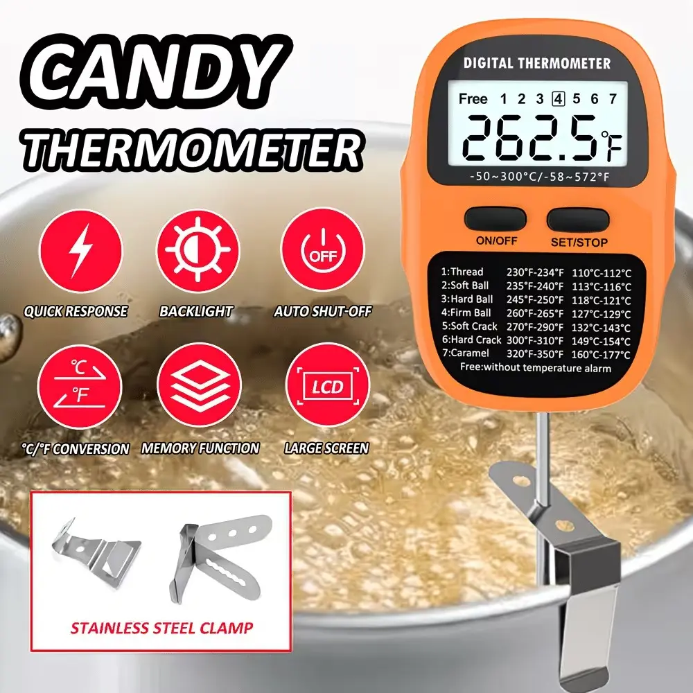 Digital Candy Thermometer with Clip, Large LCD Display, Real-Time Reading, Ideal for Candy, Chocolate, Oil, BBQ, Meat, Kitchen Tool, Aaa Battery Powered