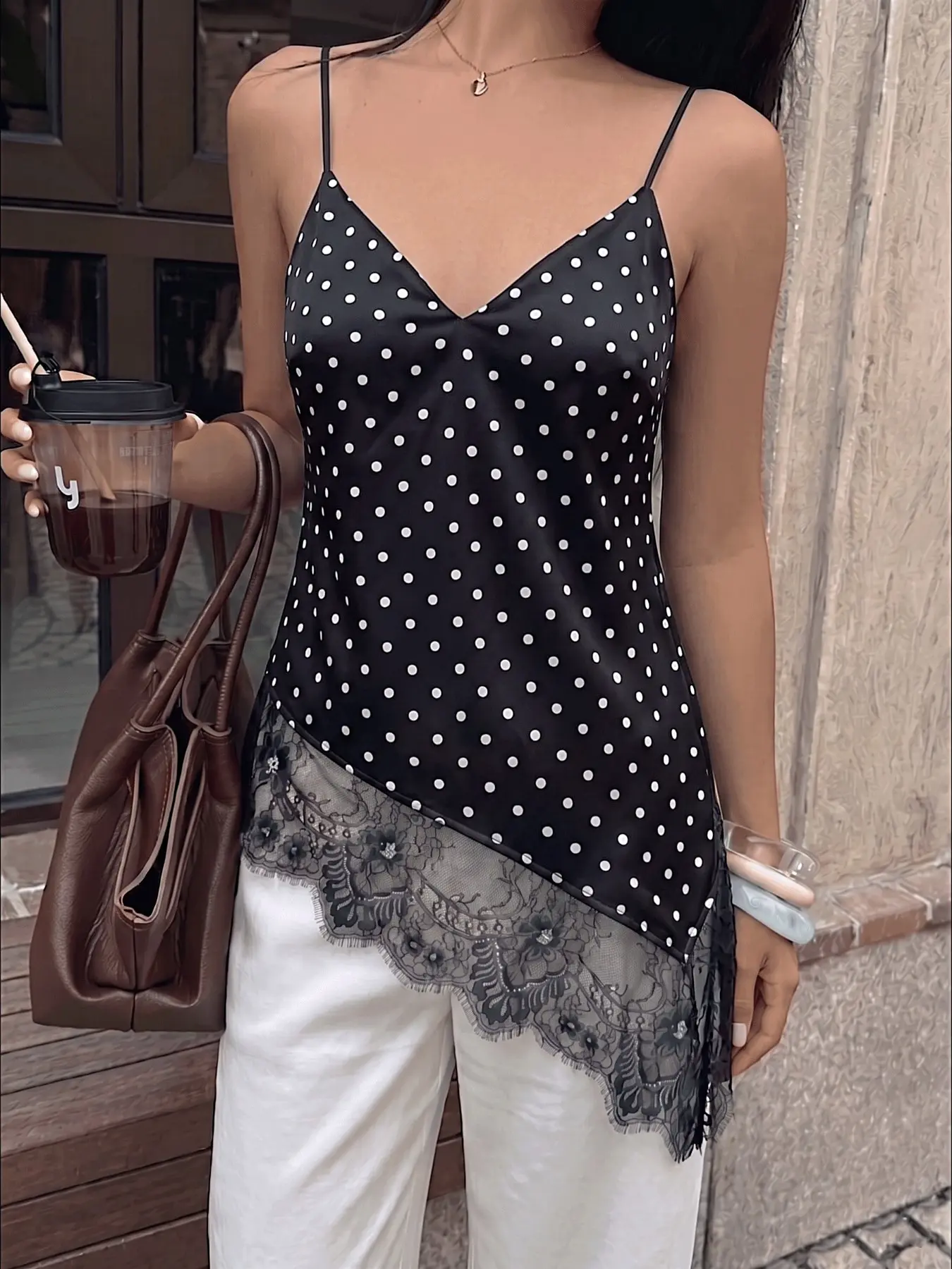 1pc Satin V-Neck Lace Spliced Sleeveless Cami Top, Irregular Hem Elegant Chic Slim Tank Top, Versatile Daily Wear for Commute and Dating