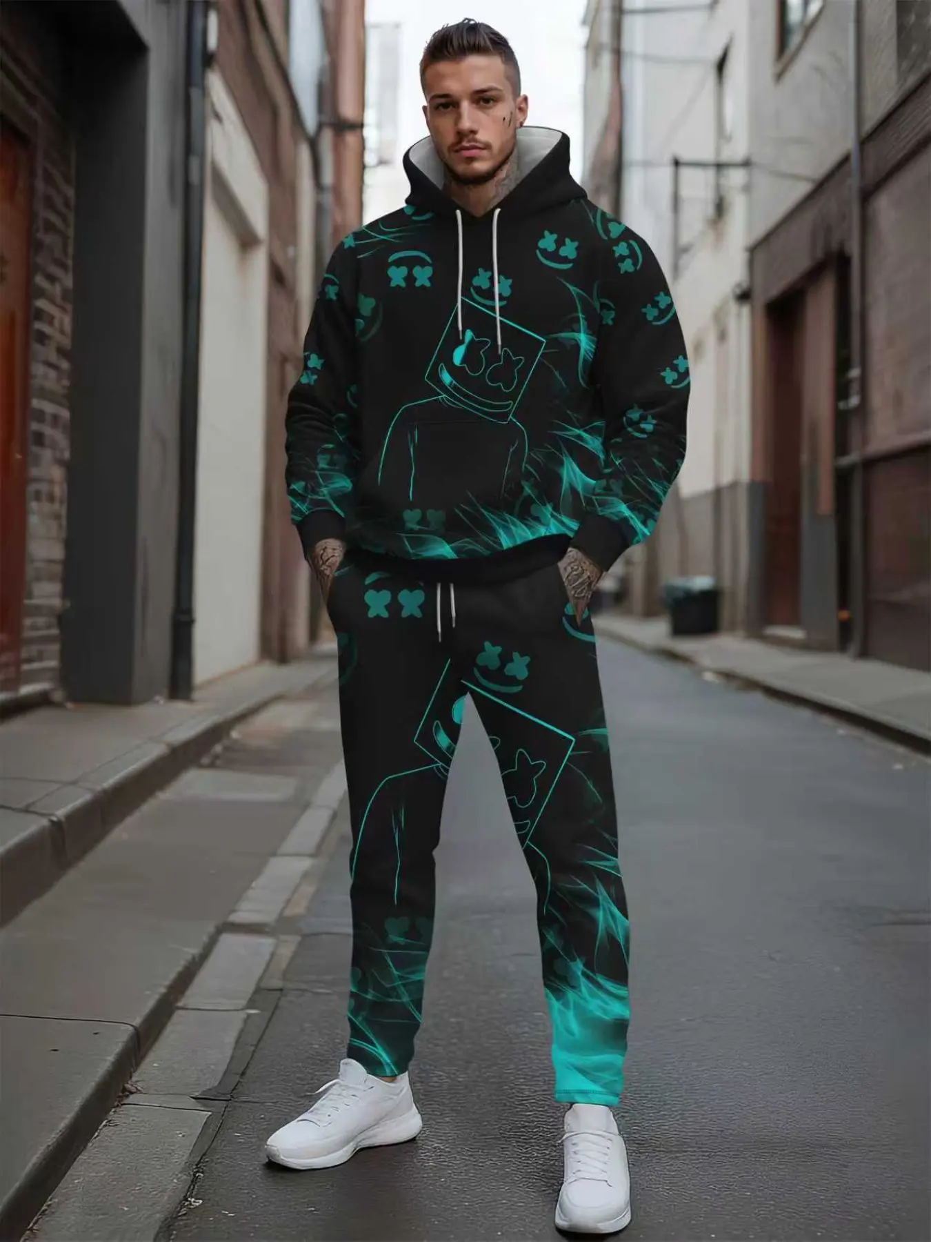 American Hip-Hop Cyberpunk Smiley Full-Print Hooded Set for Men, Casual Loose-Fit Sweatshirt and Pants Two-Piece, Spring & Fall Fashion