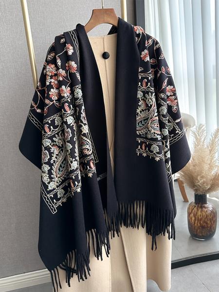 Boho Style Plant Embroidery Double Sided Scarf, Casual Soft Warm Fringe Trim Floral Embroidered Shawl for Women & Men, Fashion Accessories for Daily Wear
