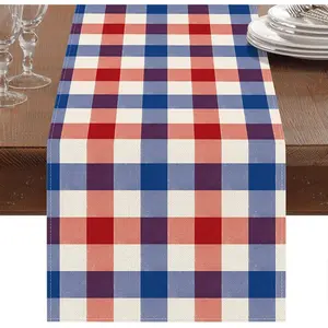 Memorial Day Table Runner 4th of July Plaid Checkered Table Runners Blue Red White Table Center Decoration for Home Kitchen Dining Party Patio (Blue)