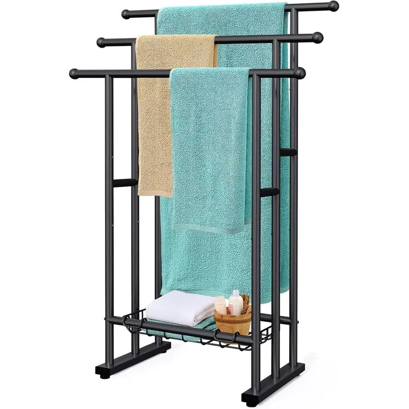 3 Tier Freestanding Towel Rack with Storage Basket, Metal Bathroom Towel Holder Stand for Bath Towels, Blankets, Shower & Home Organization