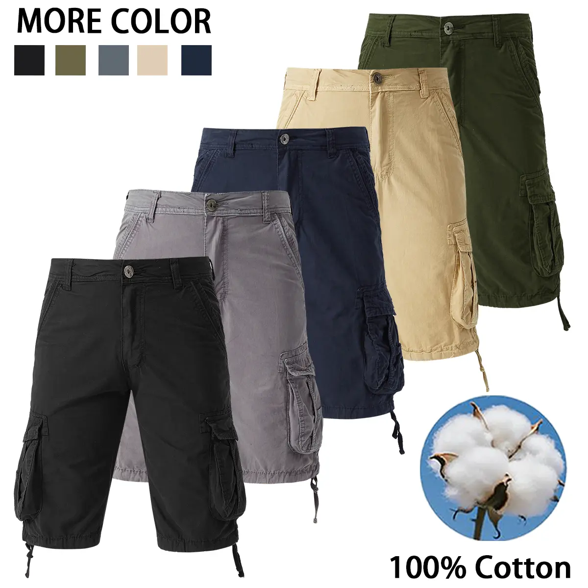 Men's 100% Cotton Knee-Length Cargo Shorts, Multi-Side Utility Pockets, Drawstring Hem, Matching Canvas Belt, Breathable Casual Outdoor Hiking Work Shorts