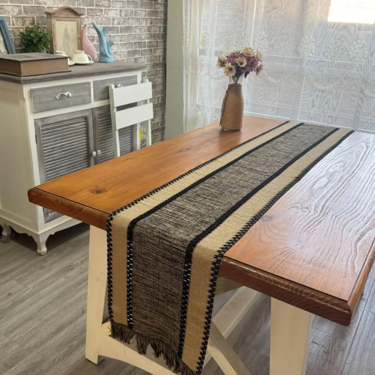 Macrame Table Runner Camel Black Brown Boho Woven  Rustic Striped Table Runner for Dining Coffee Table Summer Burlap Tassel 48 Inches Long