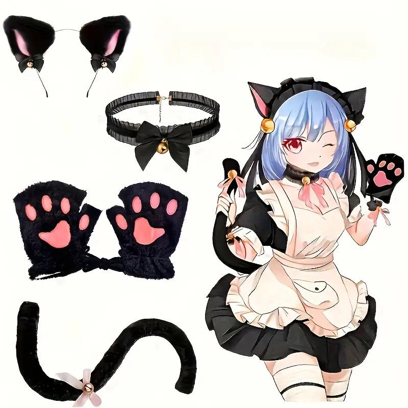 NewNew5pcs Cute Cat Costume Set - Headband, Gloves, Collar & Tail |             Black & White Polyester Animal Outfit for Halloween, Birthdays, Themed Parties |             No Power Needed, Playful & Durable, Photogenic Accessories, Cat Lovers/Costume Ent