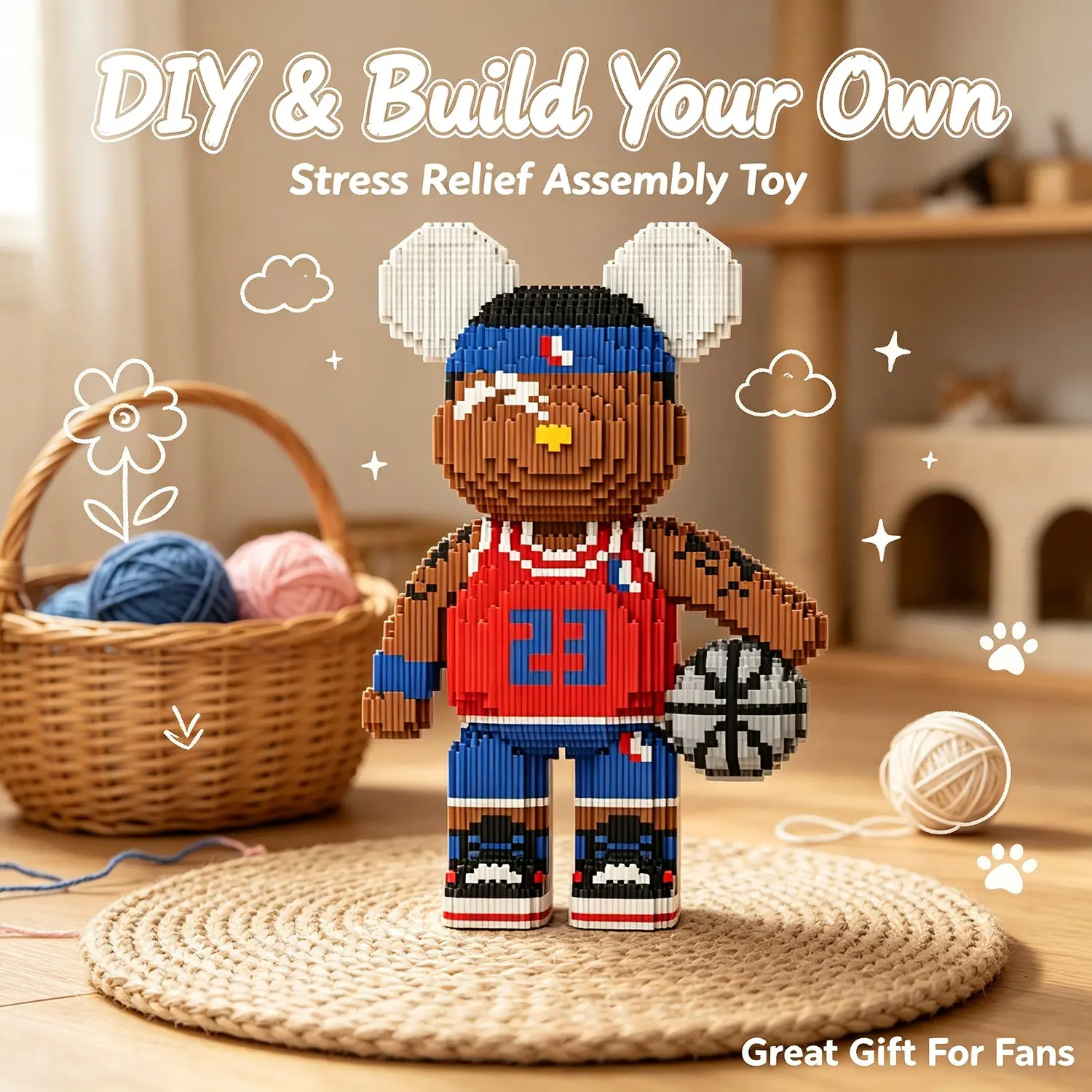 Basketball Enthusiast Bear 3D Puzzle Block Ornament, Home Office Decor, Party Decoration, Ideal Gift, Handmade Craft, Collectible Statue