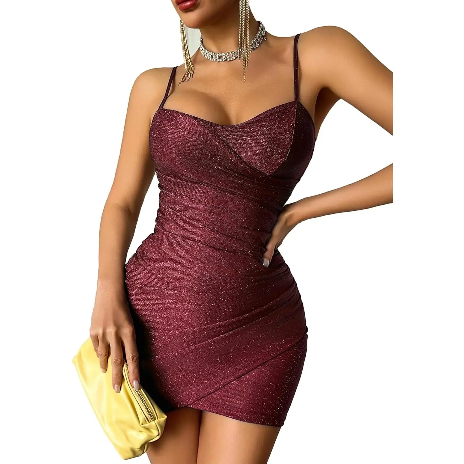 Lady's Sleeveless Glitter Bodycon Mini Dress, 2026 Women's Cross V-Neck Spaghetti Strap Ruched Clothes for Party Club Night Out, Bachelorette Party