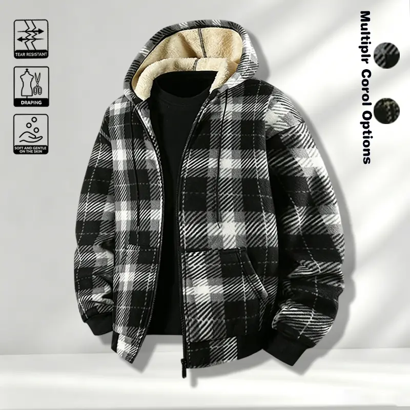 Autumn and winter retro plaid hooded jacket for men with thick fleece lining, loose and casual warm plaid jacket