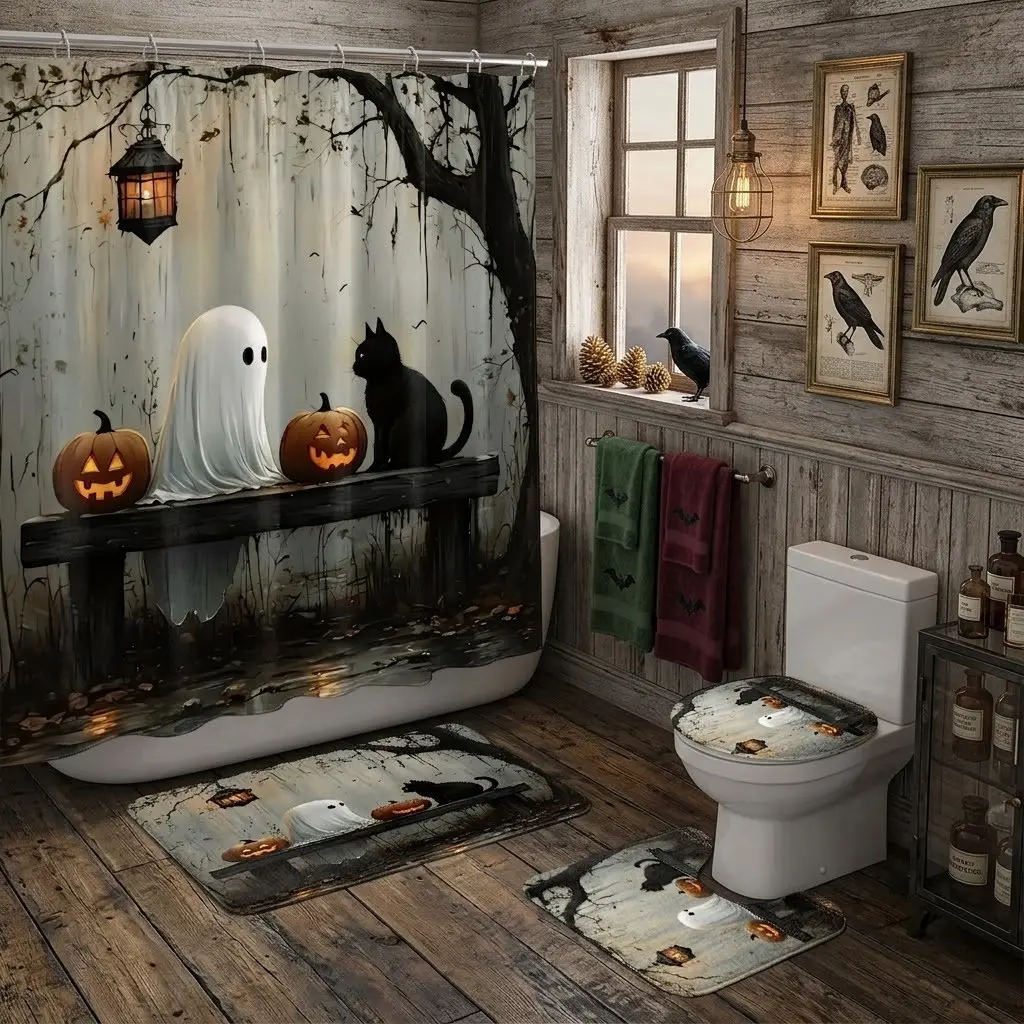 4pcs Retro Halloween ghost, black cat, pumpkin lantern, and bare tree print shower curtain set, country-style spooky bathroom set including toilet lid cover and matching bath mat, with a thicker and softer mat fabric! Halloween bathroom decoration
