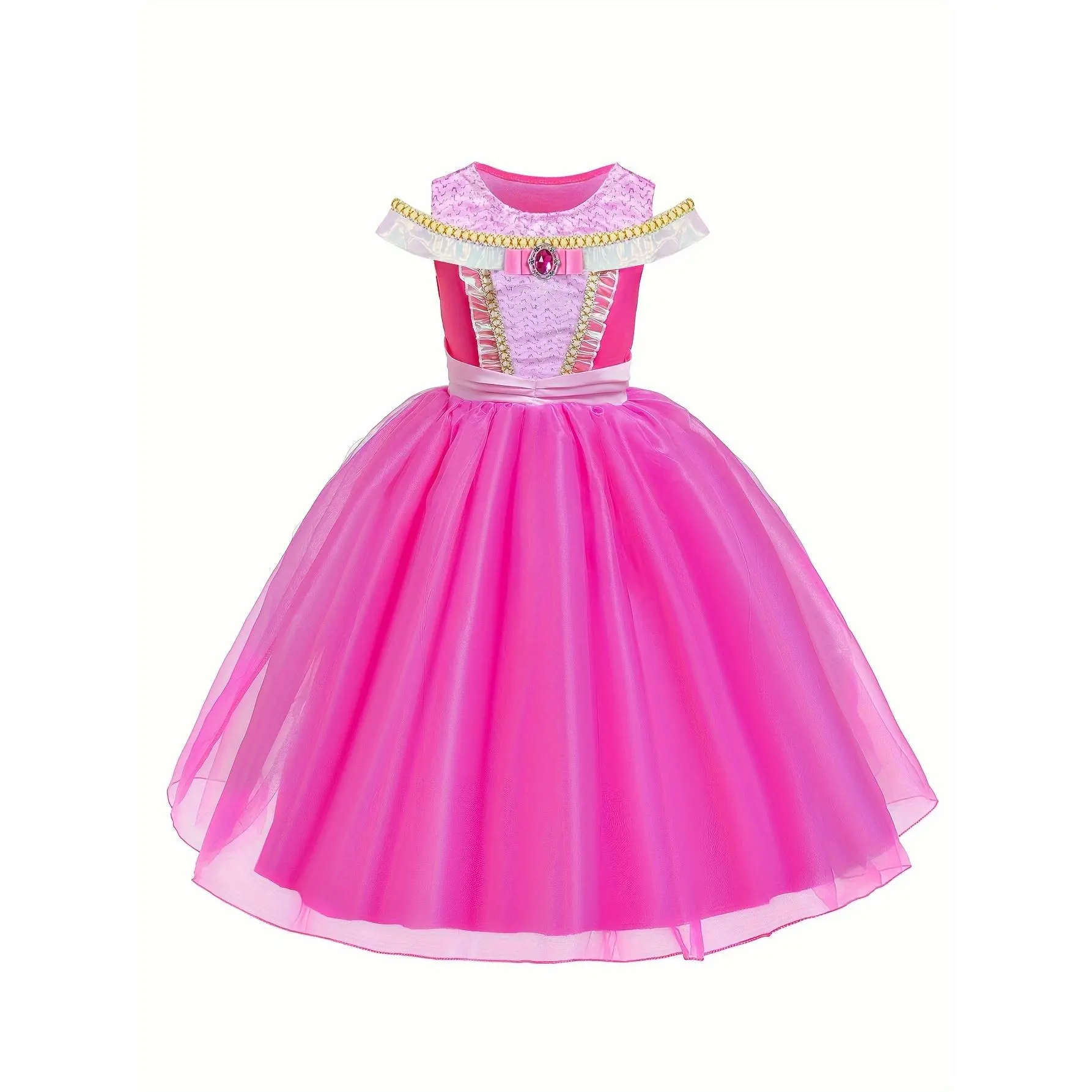 Girls' Full-Length Pink Elegant Princess Party Wear Dress with Tulle Skirt, Crown Set, Formal Gown for Halloween, Christmas, Birthday Role-Playing Costume Gift Outfit