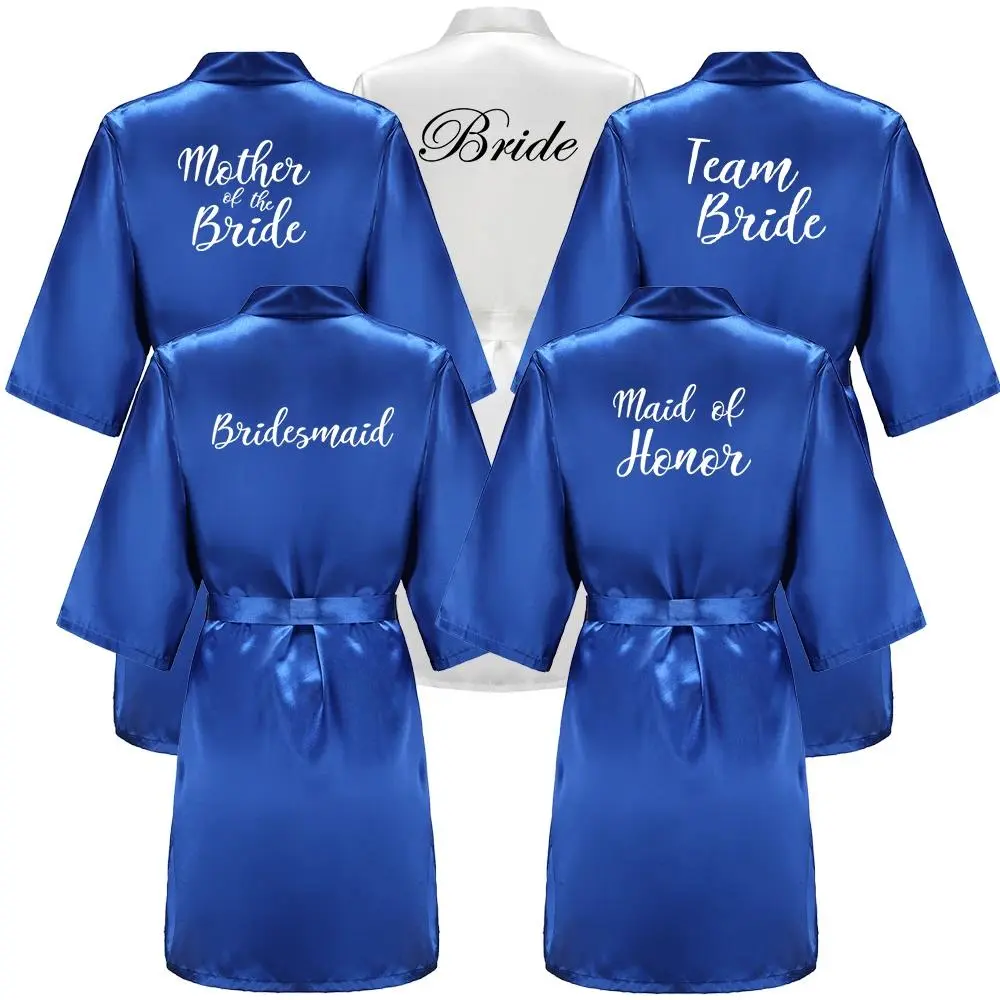 Team Bride Satin Kimono Lounge Robe, Royal Blue Bridesmaid Bathrobe with White Letters, Wedding Party Stress Relief Loungewear Team Bride Satin Kimono Lounge Robe, Royal Blue Bridesmaid Bathrobe with White Letters, Wedding Party Stress Relief Loungewear