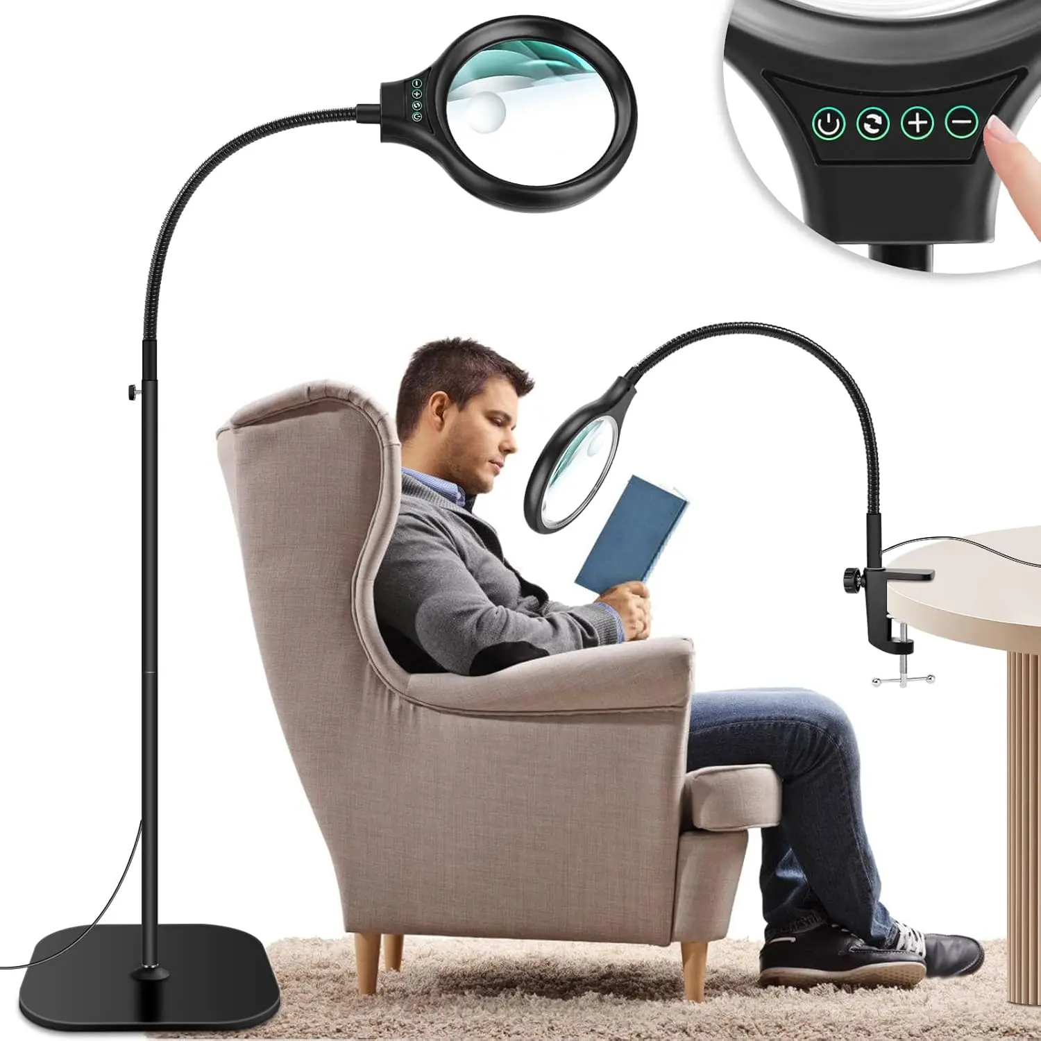 10X 30X Large Floor Magnifying Glass with Light and Stand, 36 LED Flexible Gooseneck Floor Magnifying Lamp, Clip on Lighted Magnifiers for Reading Sewing Crafts Painting DIY Close Work