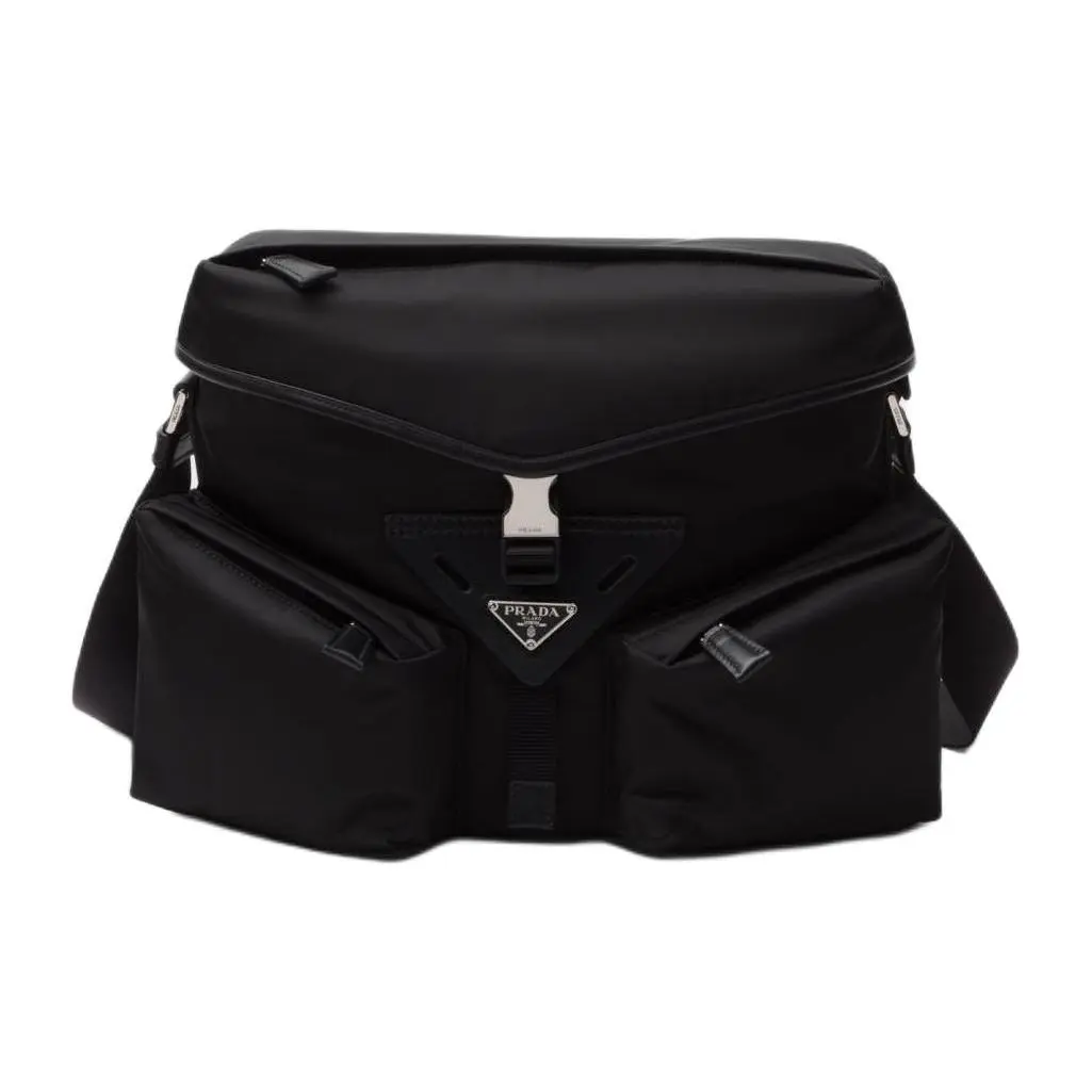 Prada Re-Nylon Enamel Metal Triangle Logo Crossbody Bag for Men, Leather-Paneled, Black