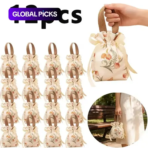 12/6PCS reusable durable canvas bundle floral gift bag-elegant storage bag, suitable for jewelry, candy, party gifts, wedding decorations, Christmas, Valentine's Day and Spring Festival gifts. #GLOBAL PICKS