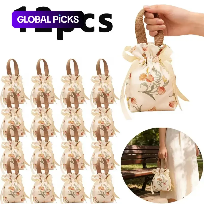 12/6PCS reusable durable canvas bundle floral gift bag-elegant storage bag, suitable for jewelry, candy, party gifts, wedding decorations, Christmas, Valentine's Day and Spring Festival gifts. #GLOBAL PICKS