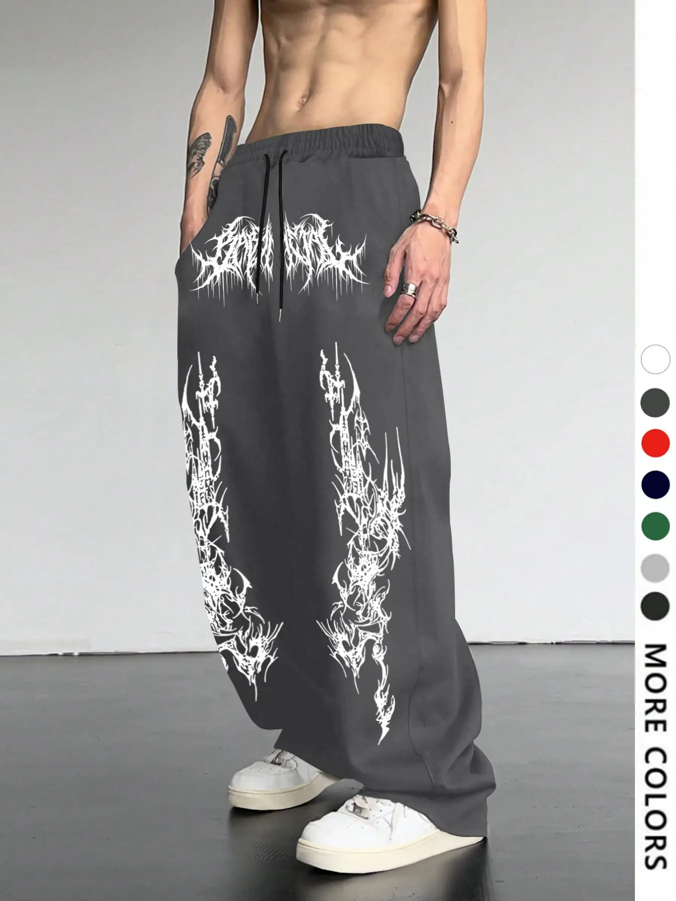 Men's Casual Sporty Long Pants, Gothic Font Graphic Print Sweatpants, Drawstring Wide Leg Trousers, All Season Leisure Wear