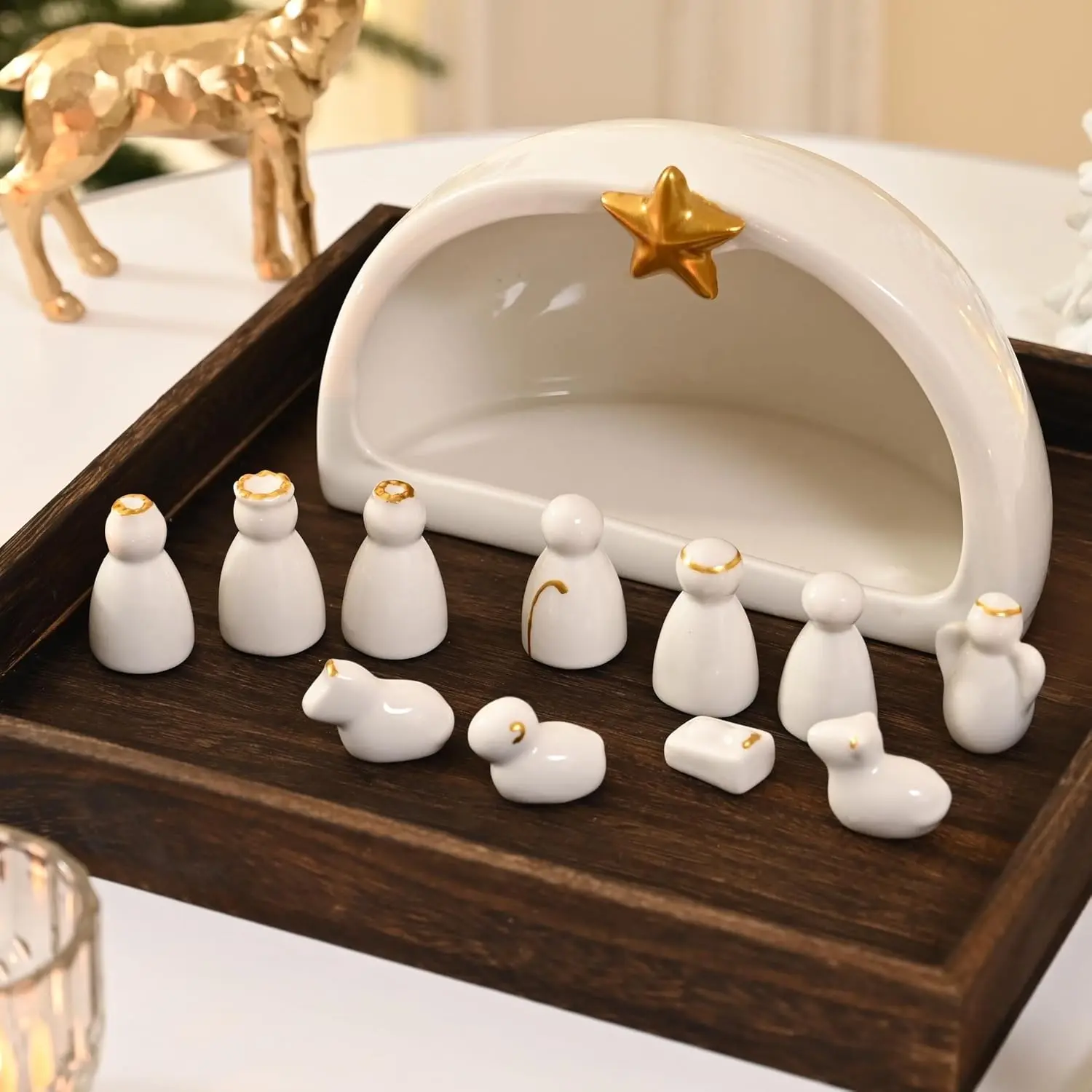 Small Ceramic Nativity Scene Set, 12Pcs White Porcelain Nativity Scene, Christmas Holy Family Miniature Figurines for Xmas Tabletop Decor
