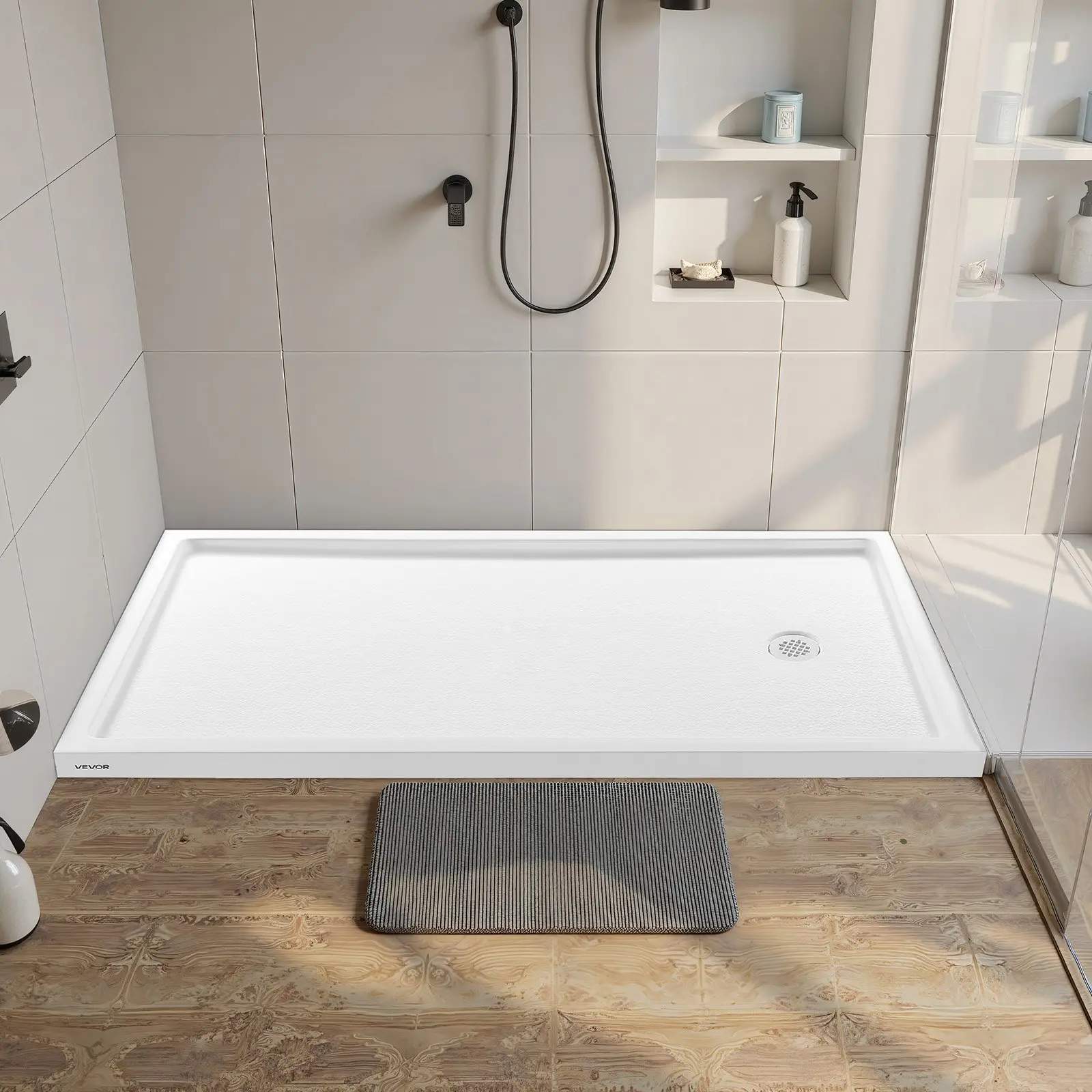 VEVOR Shower Pan, 60" Lx 36" W Single Threshold Shower Base, Rectangle Acrylic PVC Showering Base in White, Slip-Resistant Showering Pan Bases with Drain Cover for Bathroom, Right Drain Location