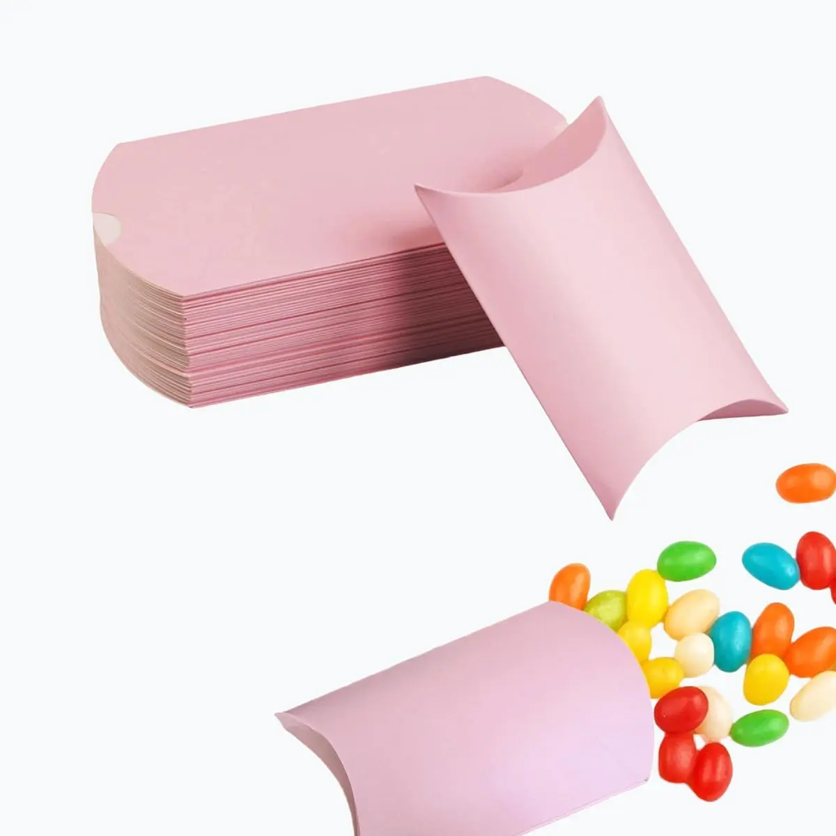50 count   Paper Pillow  Boxes, Mini Folding  Boxes | 3.5 x 2.6 in cardstock folds along scored lines; curved ends hold candy, , soap, cookies, craft items, or keepsakes.