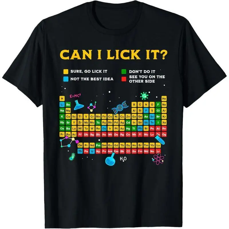 Men's Funny Periodic Table T-Shirt, "Can I Lick It" Science Graphic Print 100% Cotton Short Sleeve Round Neck Casual Menswear Top, Streetwear, Fabric, Fashion