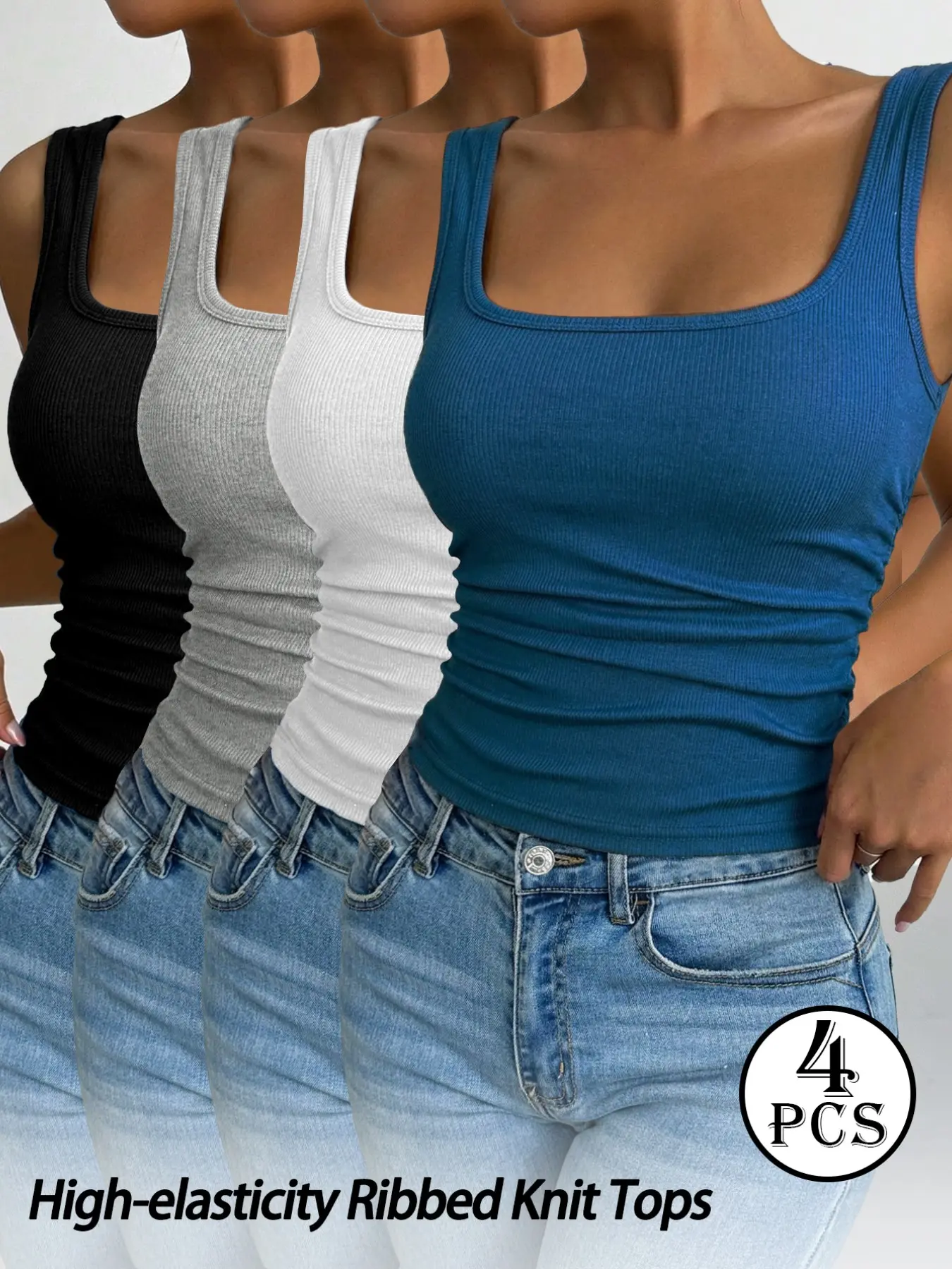 4 Piece Set High Stretch Ribbed Square Neck Vest for Women, Slim Fit Sleeveless Undergarment, Comfortable Innerwear for Daily Casual Wear