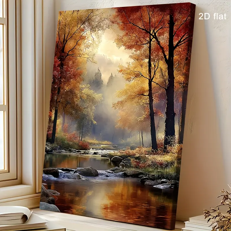 2D Flat, 133kks |   Serene River Winding Through Autumn Forest |   Vintage Wood Frame Canvas Art |   Wall Hanging, Reusable, Pre-pasted, Suitable for Christmas, Valentine'S Day, Home Decor