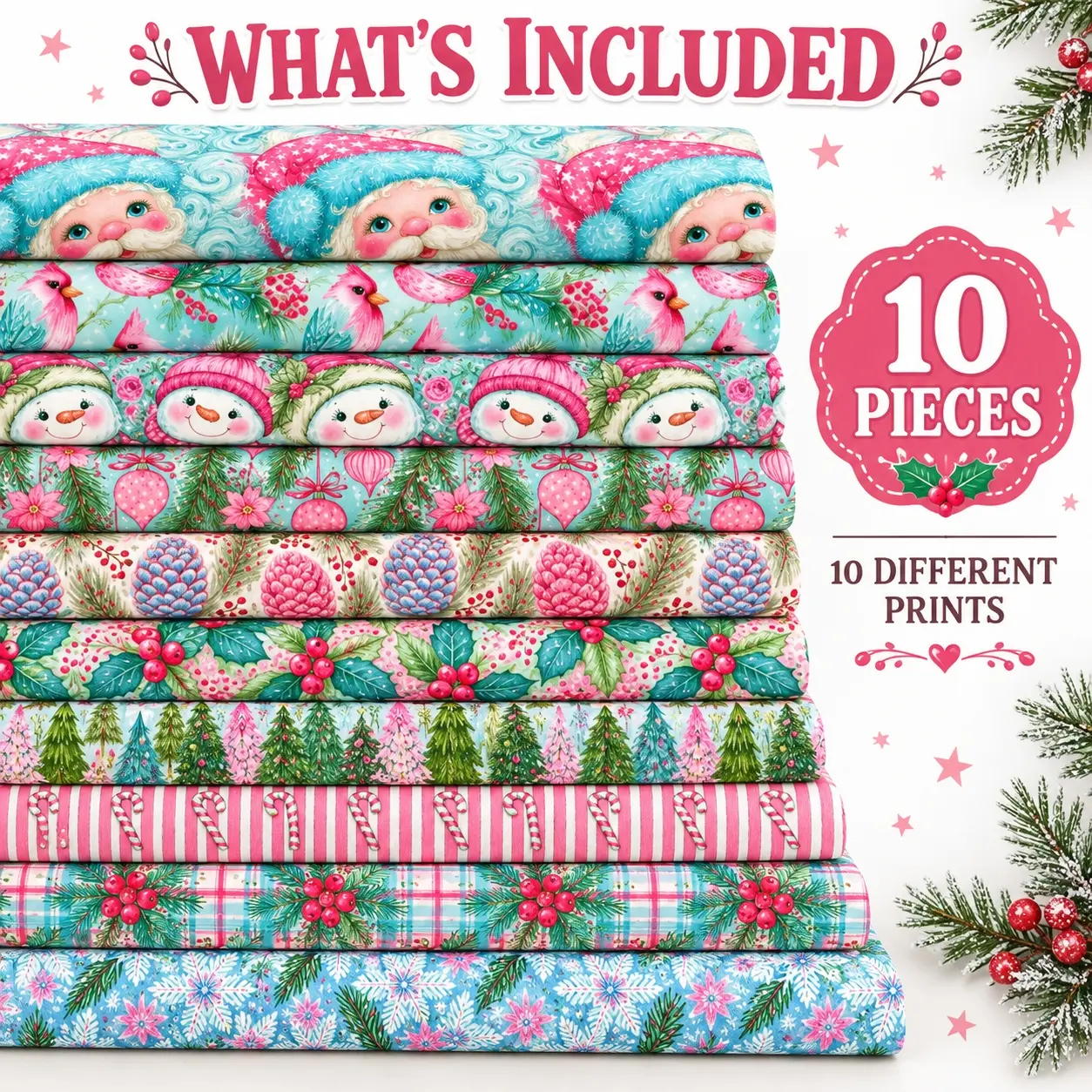 10PCS/Set Fabric Bright Color Christmas, Santa Snowman Bird Pine Cone Xmas Tree Candy Cane Pattern, 100% Polyester Fabric, Suitable for Crafts, Wallet Making, Gift, Handmade Sewing Materials Home Decor, Essential for Craft Enthusiasts
