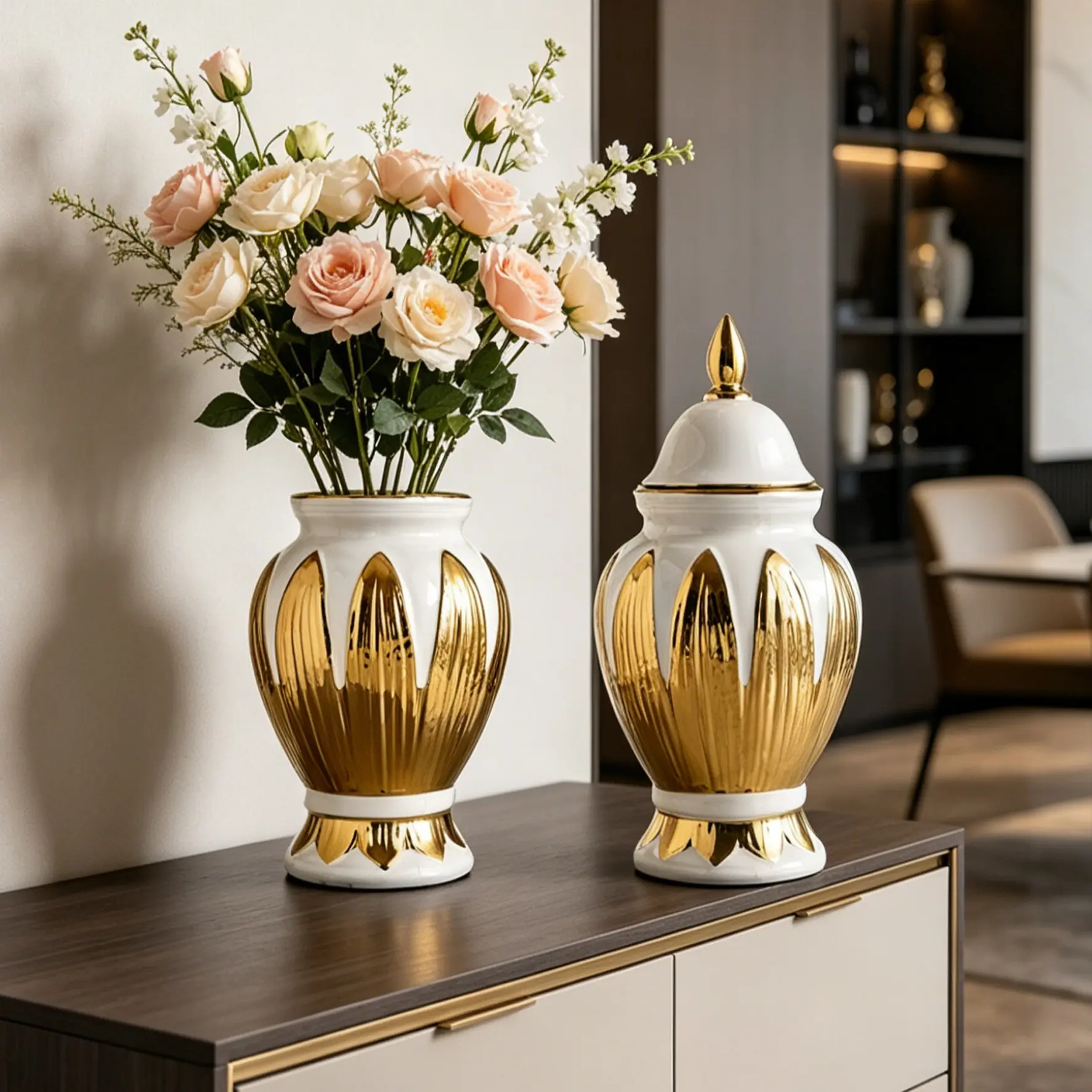 Luxury Gold Ceramic Ginger Jar Vase Set, Flower Vases for Centerpieces, Covered Decorative Ceramic Jars, Modern Luxury Home Décor, Living Room Entryway Bookshelf Table Centerpiece, Luxurious Centerpieces Vases