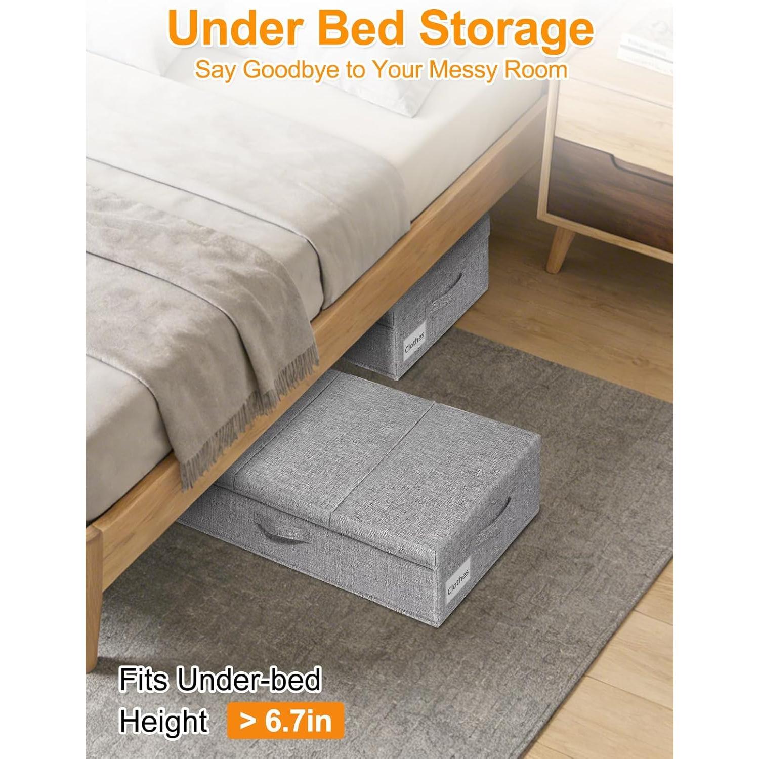 Under Bed Storage With , 2 Pack Large Underbed Storage Containers Clothes W/ 3 Handles, Foldable Low Profile Stackable Drawer Organizer Bins Box for Blanket Shoe Bedroom, 31.1*15.7*6inch