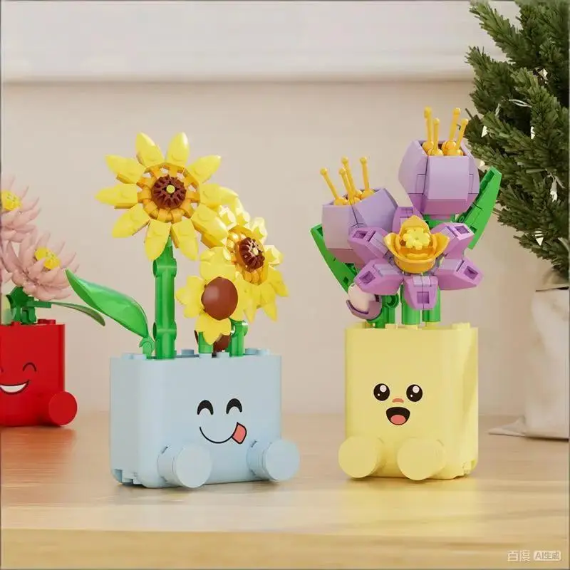 Creative Flower Building Blocks Set, Potted Plant Model Assembly Kit, Colorful Botanical Bricks Decoration Toy for Home Desk Display