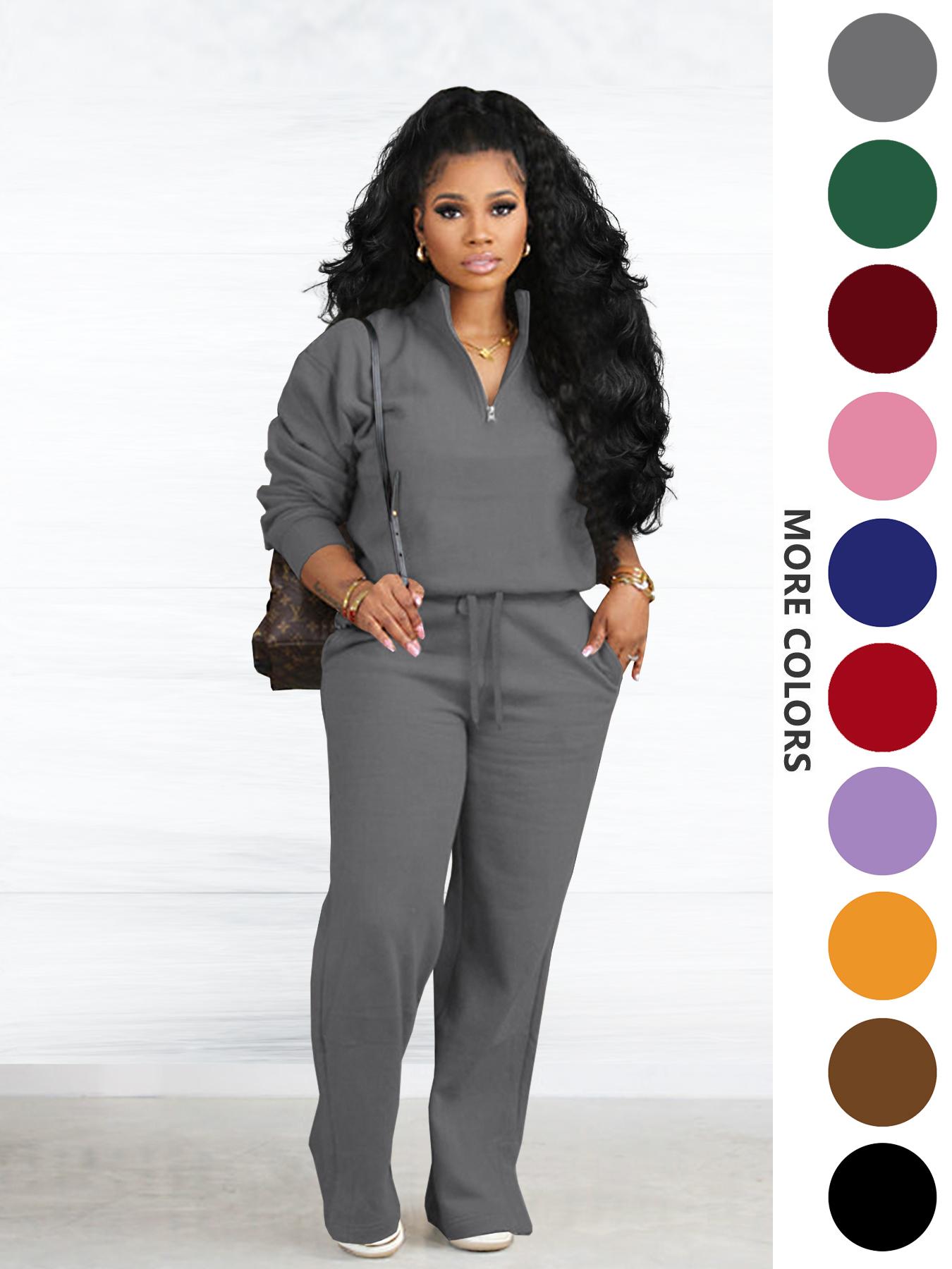 Two-piece Set Women's Solid Zip Up Funnel Neck Sweatshirt & Drawstring Waist Pants, Casual Fashion Cozy Fitted Drop Shoulder Long Sleeve Top & Pocket Trousers for Daily Outdoor Wear, Women's Clothing for Fall & Winter