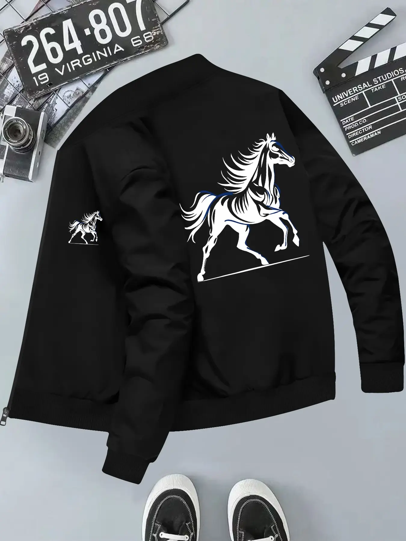 Men's Horse Print Hooded Casual Jacket, Long Sleeve Slim-Fit, Geometric Pattern, All-Season Outerwear