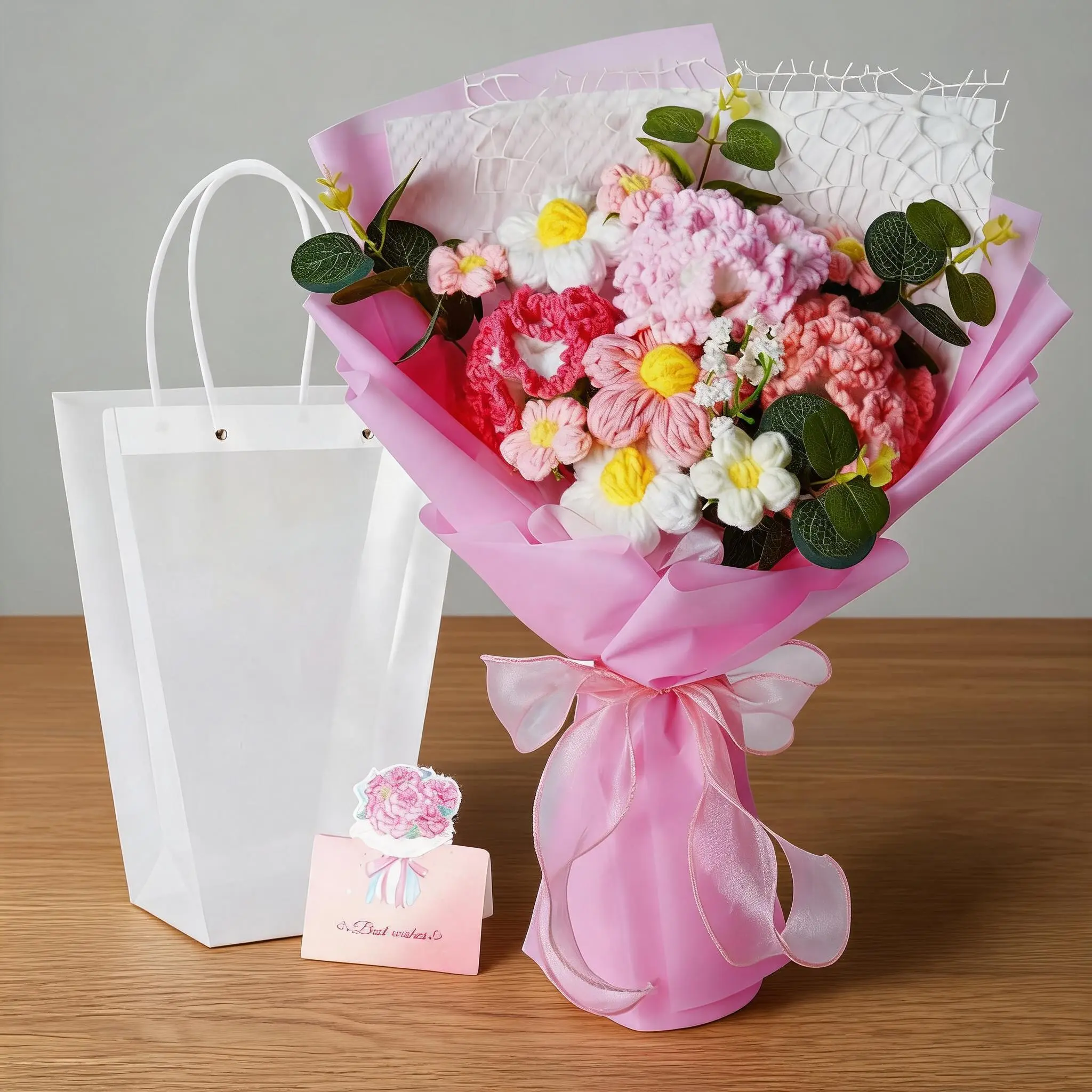 Handmade Pink Crochet Flower Bouquet Set with Best Wishes Card, Gift Bag - Everlasting Handcrafted Art for Birthdays, Anniversaries, Home Decor, Desk Decor