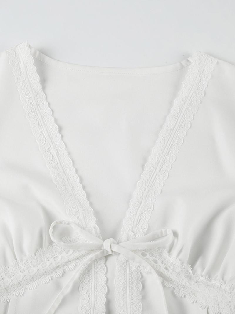 Women's Plain Lace Trim Tie Front Blouse, Casual Puff Sleeve Top for Summer, Women's Clothing for Daily Wear