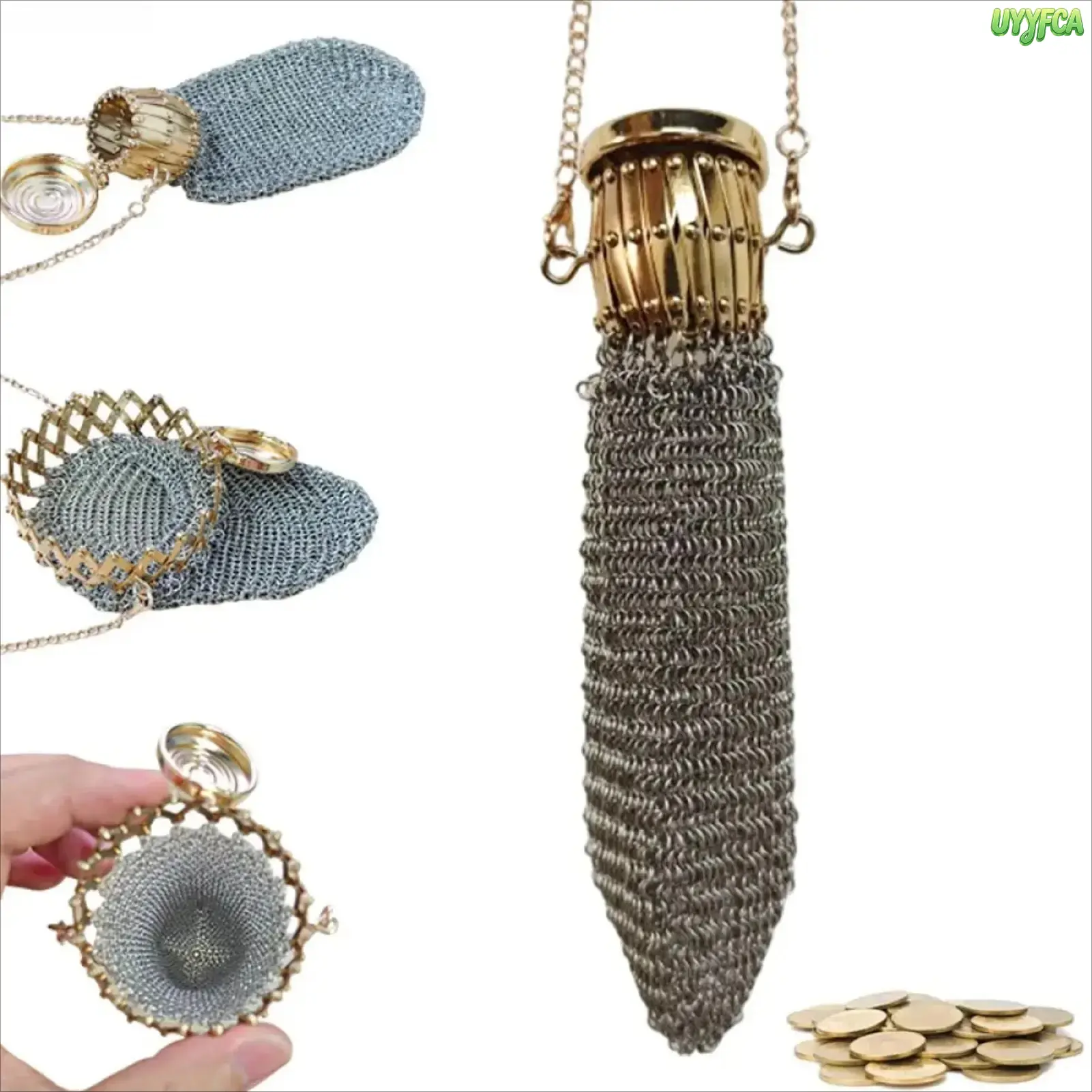 1920s Vintage Expandable Mesh Coin Purse Necklace, Hand Woven Stainless Steel Tiny Pocket Change Holder, Roaring Twenties Flapper Aesthetic Mini Retractable Metal Wallet, Compact Portable Vintage Accessory