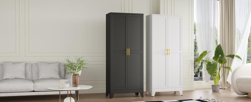 Metal Pantry Cabinet with 2 Doors and Adjustable Shelves - 71" Kitchen Storage Cabinet with Gold Handles - Versatile Storage for Kitchen, Bathroom, Dining Room, Utility Room - White