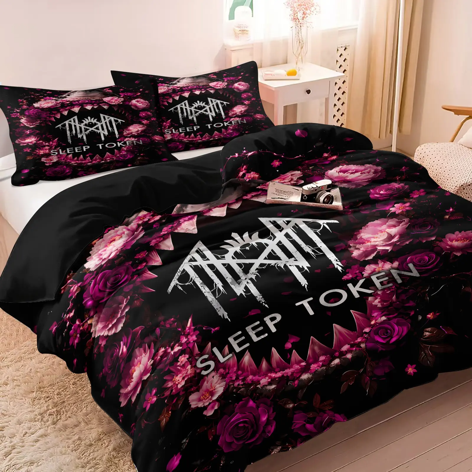 Dark Pink‑Purple Rose Sleep Token Duvet Cover Set, 1 Duvet + 1-2 Pillowcases, Rose Shark Fang and Band Logo Print, Gothic Metal Rock Style Soft Comfortable Bedding for Teens & Band Fans Bedroom Dorm Decor Printed Bedding Set