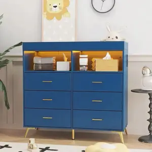 Modern Baby Changing Table Dresser with 6 Drawers, LED Lighting, Charging Station, Open Compartments, Convertible Nursery Organizer with Changing Pad for Infant Diaper Changing