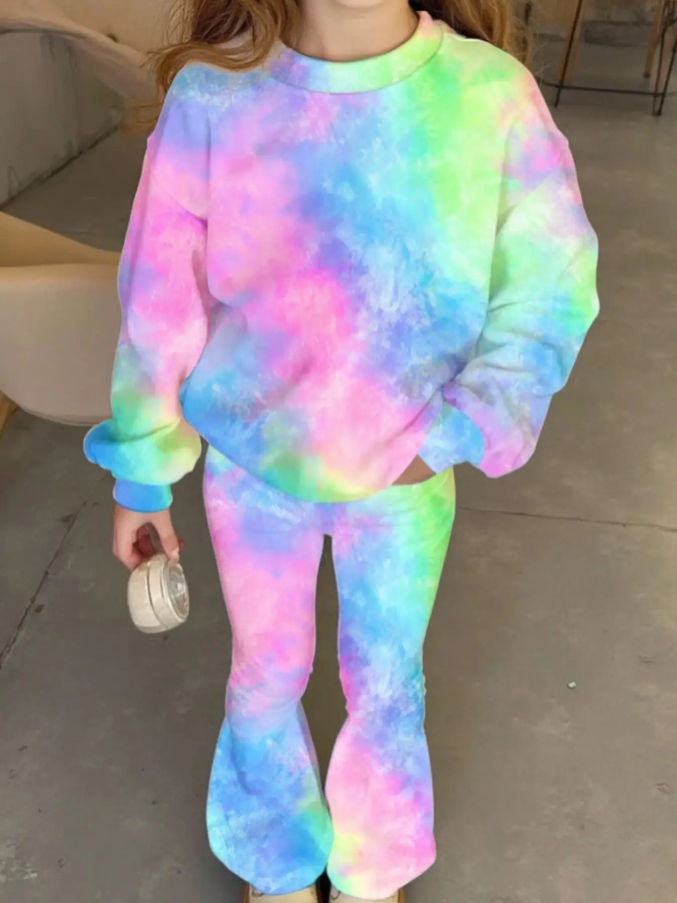 Vintage Colorful Tie-Dye Pattern Teen Girl Sweatshirt and Bell Bottoms 2-Piece Set, Casual Streetwear for Fall, Comfortable and Easy to Wear