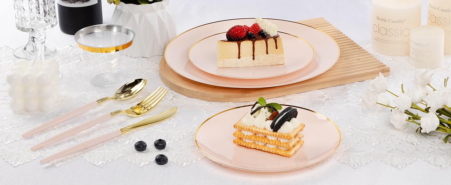 100PCS Pink & Gold Disposable Plates – 10.25" Dessert & Salad Plates with Gold Rim for Modern Dining