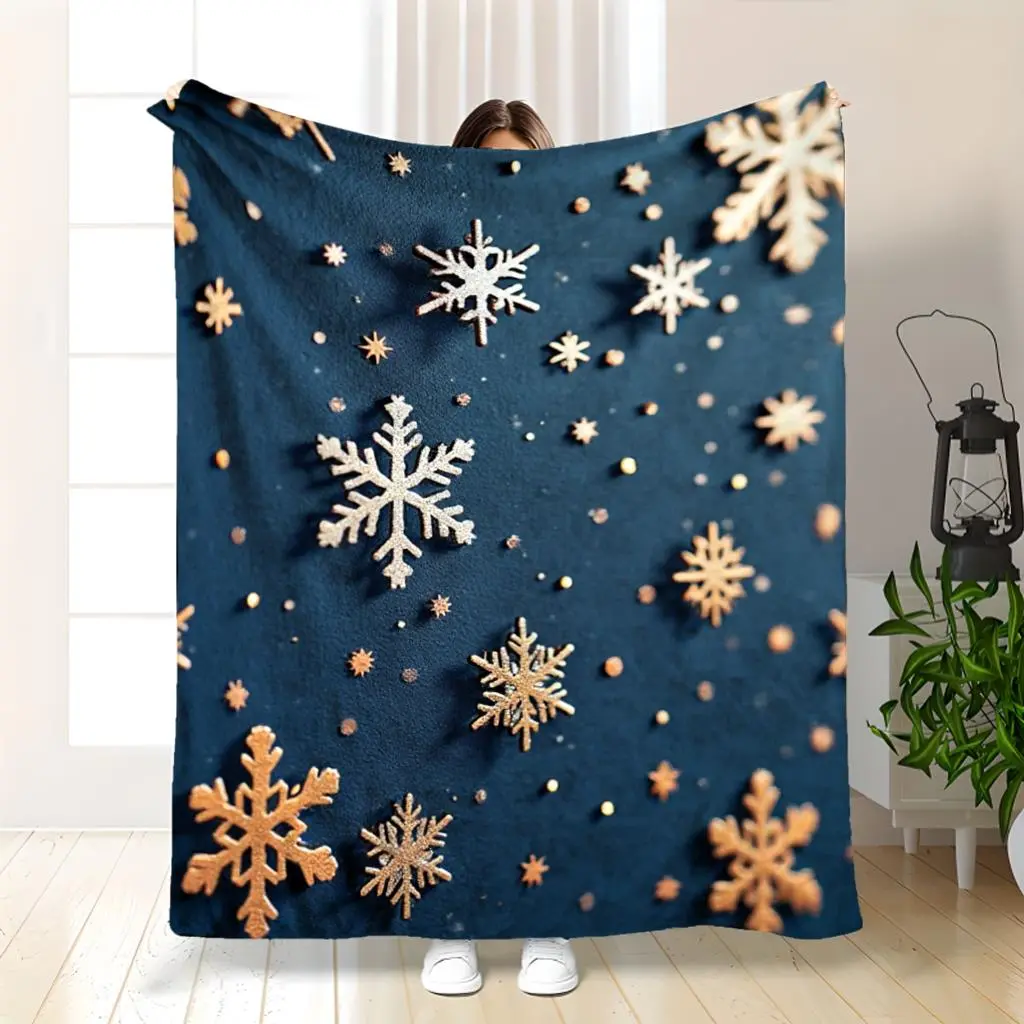 Luxury Plush Winter Snowflake Throw Blanket - Heavyweight 280GSM Soft Bedspread Suitable For Sofa, Bed, Car & Camping - Elegant Snowflake Pattern In White, Gray, Navy & Golden - Cozy Christmas, Bedspread Gift