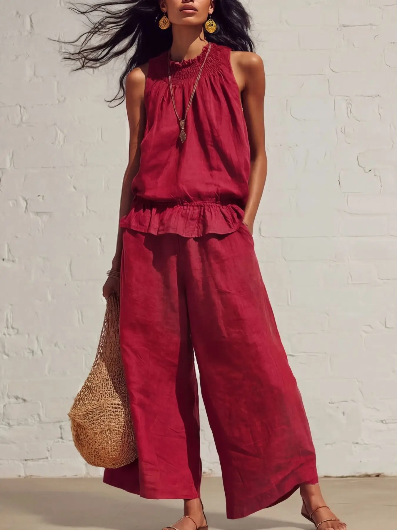 Women's 2 Piece Lounge Set, Sleeveless Ruffle Top and Wide Leg Pants, Casual Loose Matching, Boho Resort Vacation Set