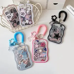 Kpop Photocard Holder with Coil Lanyard, Y2K Black Star Print ID Badge Case, Aesthetic Student Card Holder