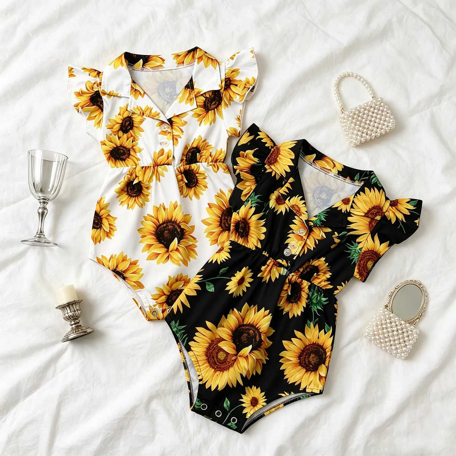 Newborn Girl Sunflower Printed Romper, Flying Sleeve V-Neck Jumpsuit, Casual Button Bodysuit