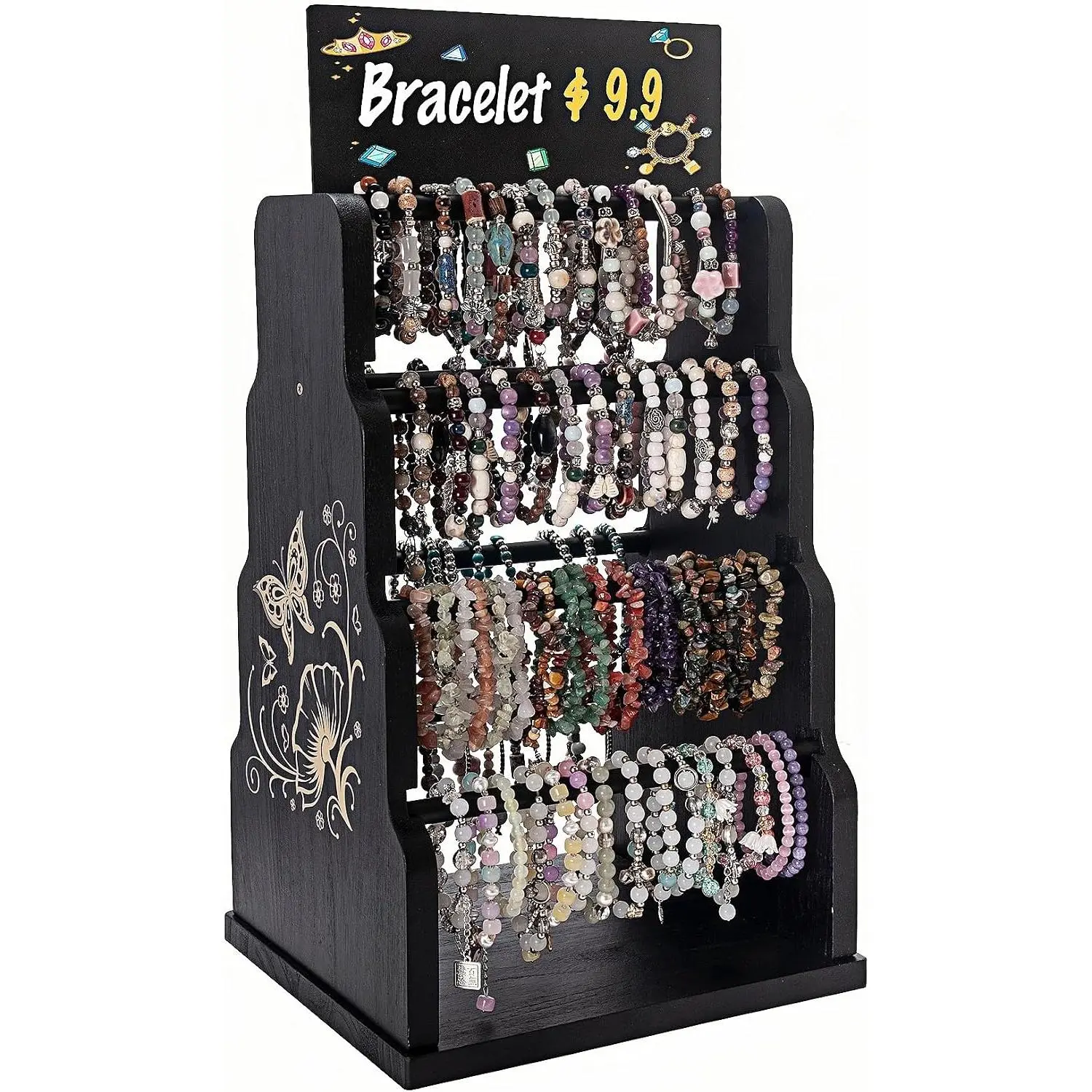 4-Tier Double-Sided Rotating Wooden Bracelet Holder with Chalkboard Sign |  Organizer for Bracelets, Bangles, Watches, Scrunchies, Craft Shows, Vendors &  Display
