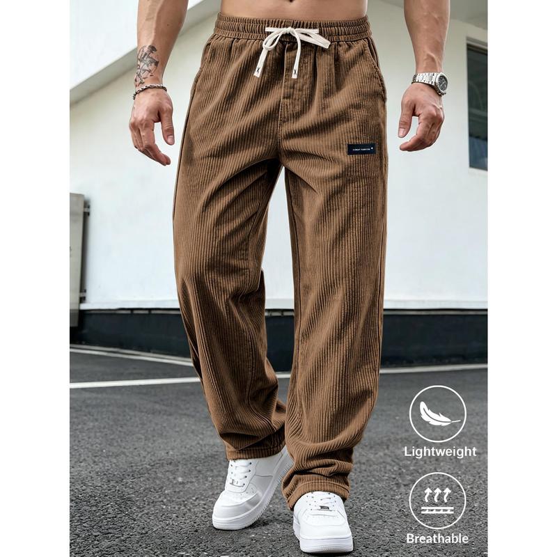 Men's Corduroy Joggers - Male Clothing, Casual Wear, Black Plain, Drawstring Waist, Elastic Straight Legs, Pocket-Equipped, Universal Sport Pants for Spring-Autumn
