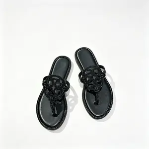 Fashion Black Crystal Encrusted Thong Slide Sandals, Hollow Medallion Decor Flat Flip Flops Matching Dresses Shorts Swimsuits