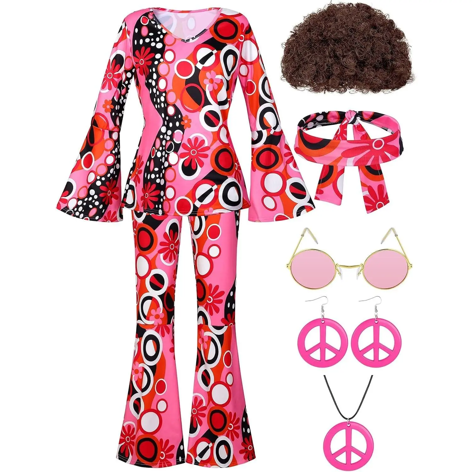 7 Pack 70s Women Hippie Costume Set Boho Flared Pants Tie Dye Headband Necklace Earrings Wig for Halloween Cosplay(Gift)